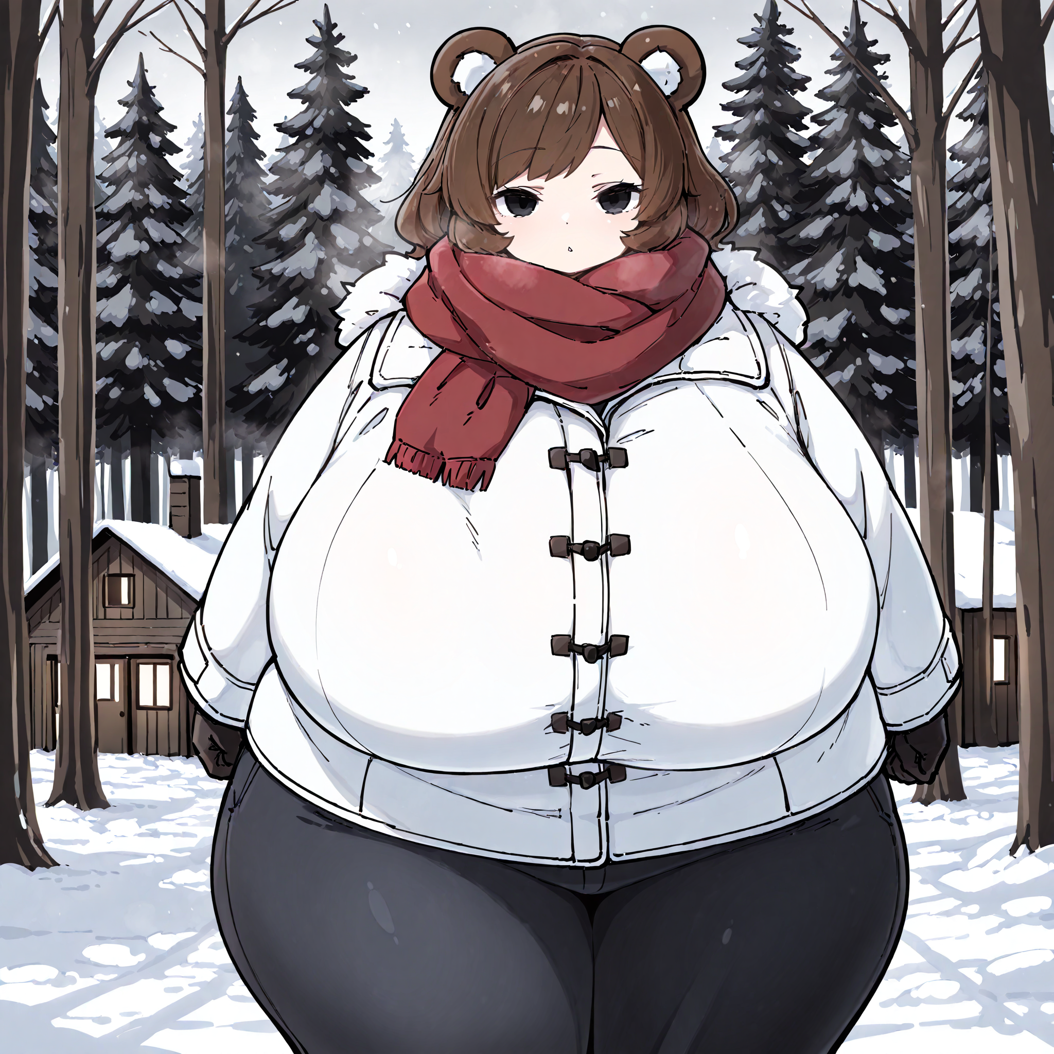 (masterpiece), best quality, (highly detailed), 1female, solo, <lora:mizsawa_style_Illustrious:0.8>, bear ears, brown hair, black eyes, gigantic breasts, wide hips, white winter coat, pants, fitting clothes, forest, snow, cabin, red scarf, looking at viewer, blank expression,
