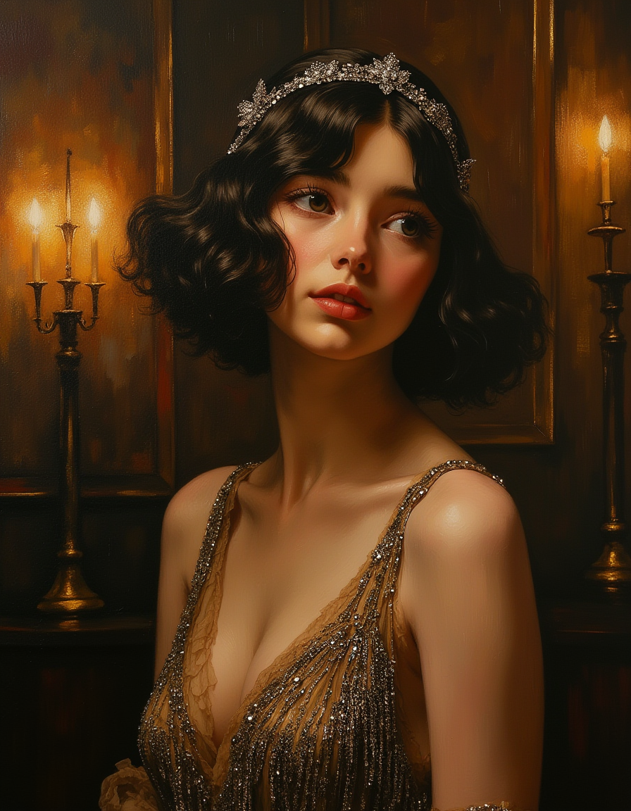 A close up portrait oil painting of Princess Cinderella, set in the opulent surroundings of a grand Gatsby-era ballroom. She is wearing a shimmering 1920s flapper dress adorned with intricate beadwork and fringes that catch the light and headband complements her chic bob hairstyle.
Focus on the Cinderella, shadow and light, Masterpiece, intricate lines, intriguing atmosphere, sharp magnificent details, delicate features, elaborate details, (2\3 rule composition:0.5), ultra detailed, romantic, Rembrandt lighting, brush stroke, lovely, del1cate_balance style, novuschroma, in the style of Rembrandt. vantablack <lora:style_of_Rembrandt_FLUX_135:.8> <lora:- Flux1 - vanta_black_V2.0:.3> <lora:Delicate_Balance:.3> <lora:113_novuschromaFLX_1:.2> <lora:neeeg_f1:-1>