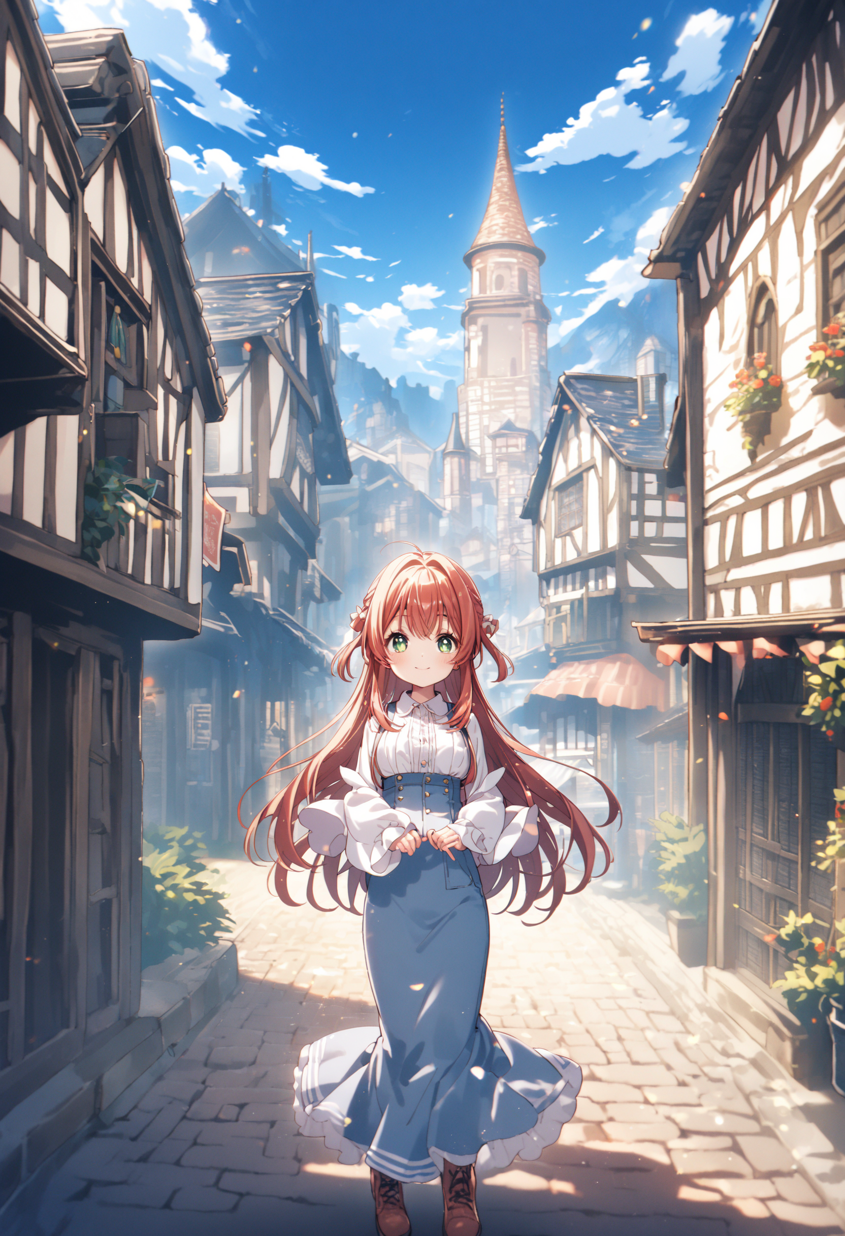 <lora:LoRA_Amazno_Kozue_Style_SDXL-000009:1.2> (amano kozue:1.2),
best quality, 4k, very aesthetic, absurdres, 
1girl, solo, long hair, clear eyes, (scenery:0.7), 
blue sky, town,