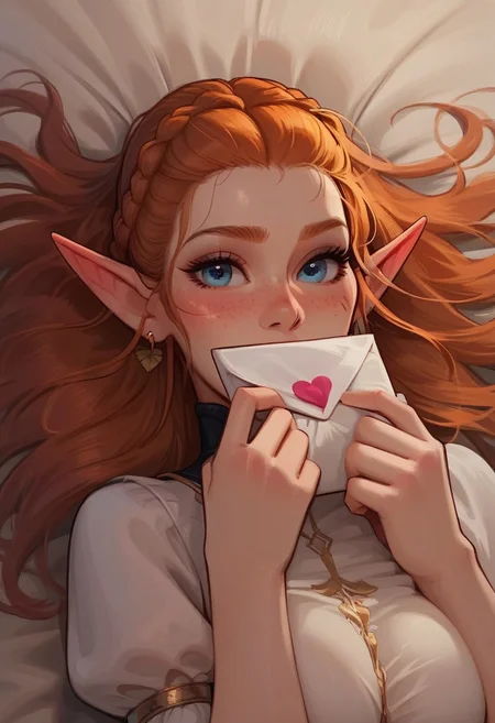 (score_9, score_8_up, score_7_up, score_6_up, score_5_up, score_4_up), source_cartoon, 1girl, sexy, pose, dynamic angle, sexy, elf mage, blue eyes, french braids, ginger hair, earrings, freckles, body freckles, detailed face, hourglass body, holding envelope, covering own mouth, blush, upper body, lying, heart, dress