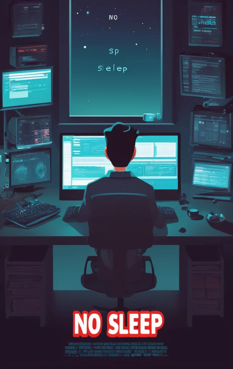 A dev working in a computer, cartoon, with title "NO SLEEP" on it
,Movie Poster, MoviePosterRedAF,
,<lora:MoviePosterRedAFConfig4DebiComTE:1>