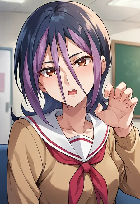 score_9, score_8_up, score_7_up, masterpiece, source_anime, 1girl, solo, ct_droite, brown eyes, short hair, hair between eyes, school uniform, white sailor collar, brown sweater, puffy long sleeves, neckerchief, pleated skirt, school, indoors, looking at viewer, depth of field, claw pose, open mouth, upper body, portrait, cowboy shot, head tilt, one hand up,<lora:Droite_Pony_ct_ver3-000011:1>