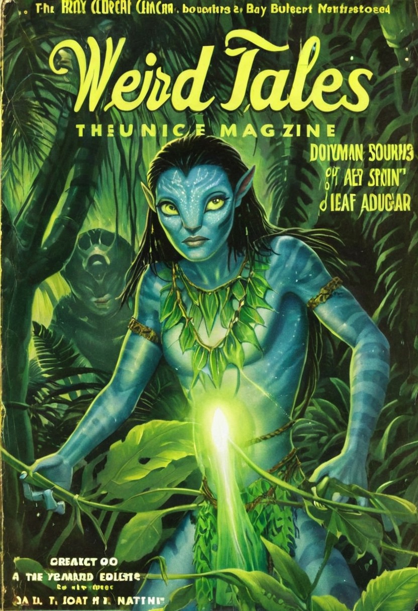 Weird Tales pulp magazine cover of a  Avatar navi alien with blue skin, wearing leaf tunic, futuristic neon bioluminescent jungle in the background