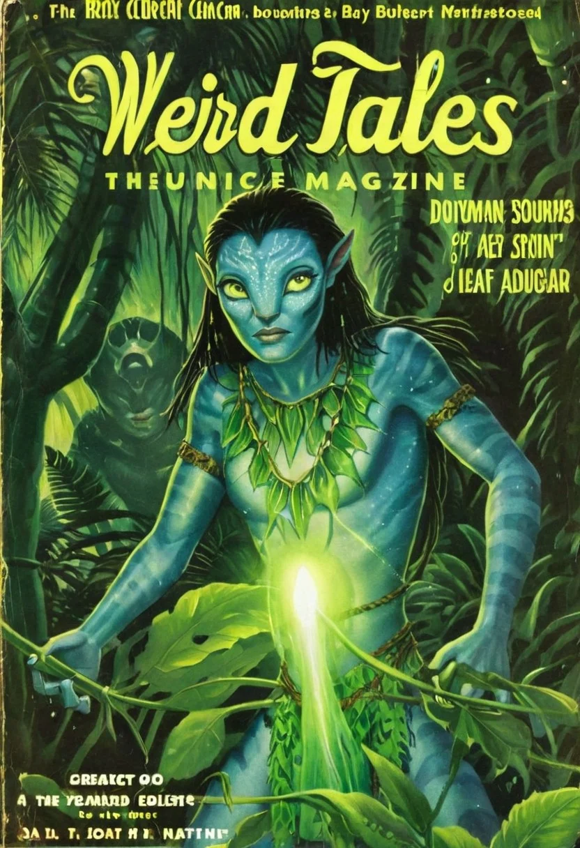 Weird Tales pulp magazine cover of a Avatar navi alien with blue skin, wearing leaf tunic, futuristic neon bioluminescent jungle in the background