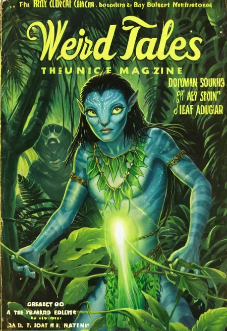 Weird Tales pulp magazine cover of a Avatar navi alien with blue skin, wearing leaf tunic, futuristic neon bioluminescent jungle in the background