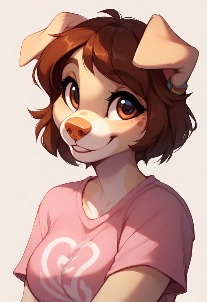 score_9, score_8_up, score_8, 1girl, anthro dog, brown eyes, brown hair, short hair, beige fur, orange nose, pink t-shirt, smiling, cute, portrait, posing, one floppy ear