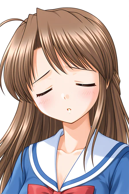 masterpiece, best quality, absurdres, official art, official style, rating general BREAK <lora:fujiedahonami_IL_v1-5:0.7>, fujieda honami, 1girl, solo, brown eyes, yellow eyes, brown hair, grey hair, ahoge, bangs, very long hair, half updo, medium breasts BREAK school uniform, close-up, portrait, closed eyes, blush, parted lips, facing viewer, disappointed, raised eyebrow