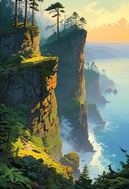 Artwork, cyberpunk, anime, Wind-swept pines clinging to rocky cliffs, dramatic coastal forest, vibrant forest floor with ferns and moss, golden hour lighting casting long shadows, fog rolling in from the sea, atmospheric masterpiece, 8k resolution, intricate detail, seagulls in the distance, , frazetta style