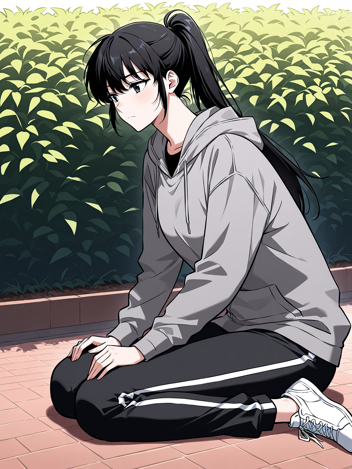 <lora:Omniscient_Readers_Viewpoint__Lee_Jihye:1>
1girl, solo, long hair, black hair, tied hair, high ponytail, black eyes, messy bangs, 
gray hoodie, black t shirt, black track pants, white stripe pants, white sneakers, modern clothing, 
score_9, score_8_up, score_7_up, masterpiece, best quality, absurdres, perfect anatomy, 1girl, solo, wariza, sitting, hands on own knees, garden background