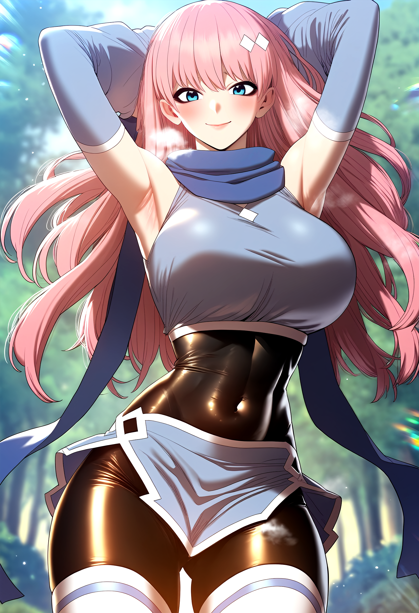 score_9, score_8_up, score_7_up, score_6_up, source_anime, rating_explicit, <lora:neg4all_bdsqlsz_V3.5:2.0>1girl, (solo:1.2), huge breasts, <lora:hansalangponyxl:1> pink hair, long hair, blue eyes, bangs, blush, hair ornament, fingerless gloves, black gloves, sleeveless dress, blue crop top, detached sleeves, blue sleeves, blue scarf, black leotard, covered navel, bike shorts, blue skirt, white thighhighs, smile, Narrow shoulders, heavy breathing, steaming body, forest, outdoor, looking at viewer, arms behind head
