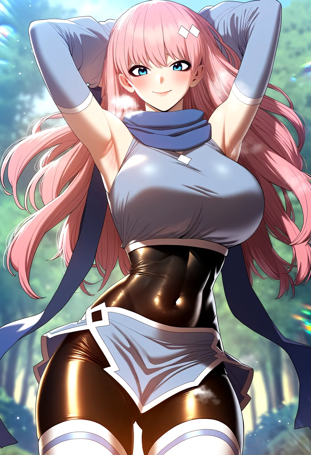 score_9, score_8_up, score_7_up, score_6_up, source_anime, rating_explicit, <lora:neg4all_bdsqlsz_V3.5:2.0>1girl, (solo:1.2), huge breasts, <lora:hansalangponyxl:1> pink hair, long hair, blue eyes, bangs, blush, hair ornament, fingerless gloves, black gloves, sleeveless dress, blue crop top, detached sleeves, blue sleeves, blue scarf, black leotard, covered navel, bike shorts, blue skirt, white thighhighs, smile, Narrow shoulders, heavy breathing, steaming body, forest, outdoor, looking at viewer, arms behind head