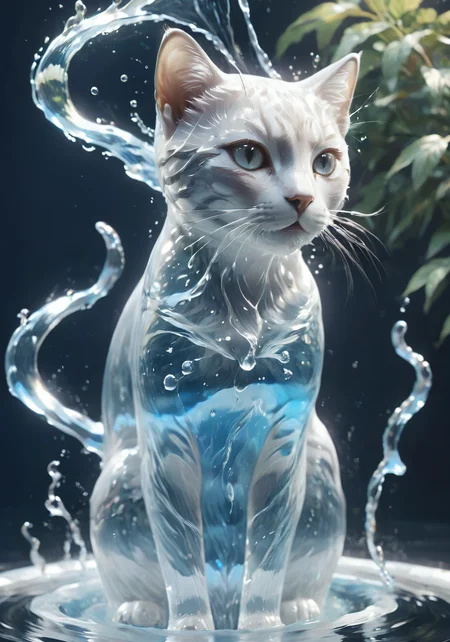 (Masterpiece, high quality, best quality, official art, beauty and aesthetics:1.2),<lora:xl-shanbailing-æ°´å
ç´ 1011waterV20:0.85>,water element,a cat made of water,water,(cat:1.2),
