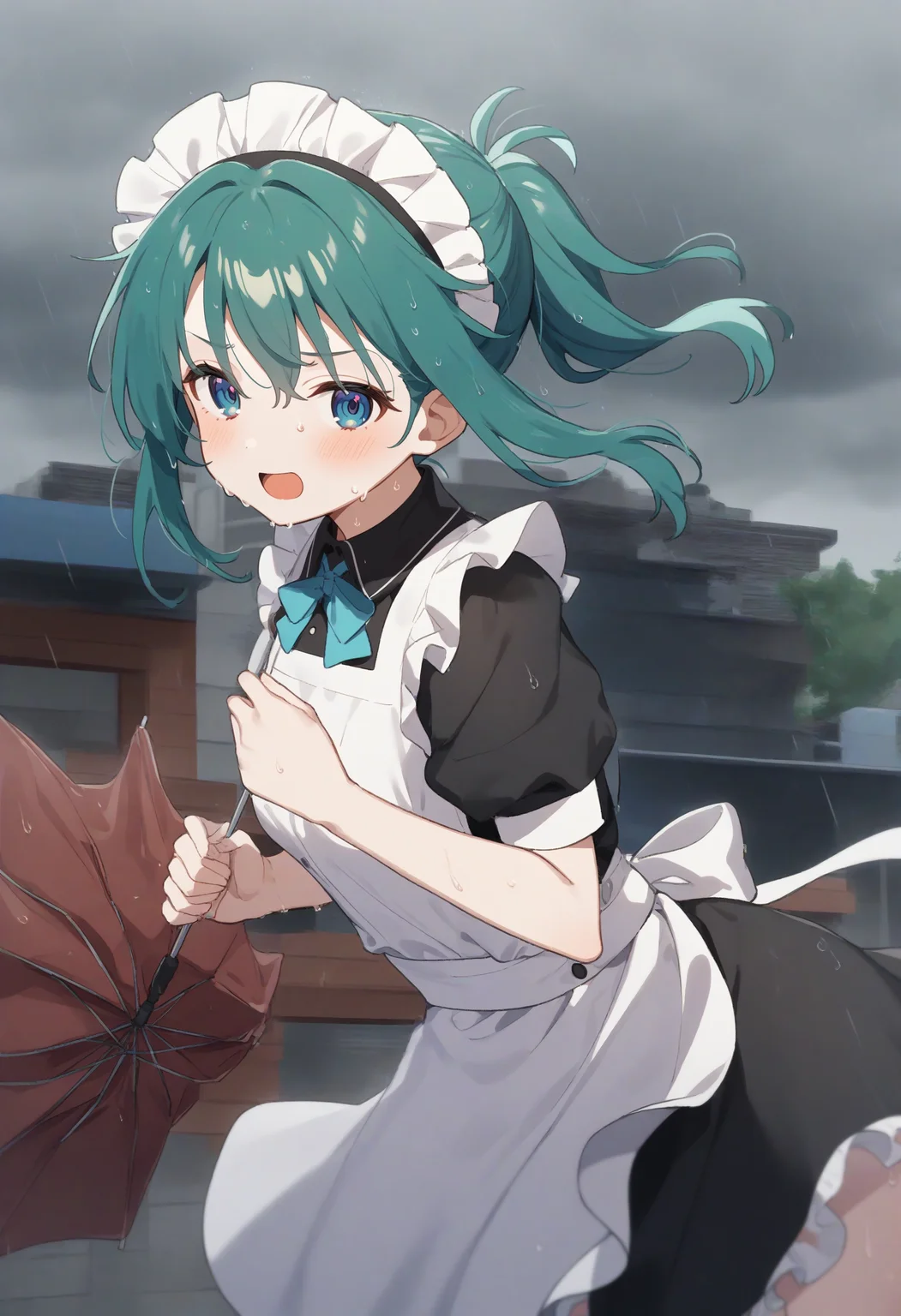 1girl,sincos, ningen mame, toosaka asagi,solo,medium breasts,20yo,maid,maid headdress,
cloudy sky ,floating hair ,leaning to the side,typhoon, storm ,raincoat,broken umbrella,umbrella,holding umbrella,rain,outdoors,wet,wind,wind lift, leaning forward, <lora:brokenumbrella_XL_v1:0.8>
from side, cowboy shot, looking at viewer, aqua hair, orange eyes,happy, rooftop of building with fence, open mouth, folded ponytail hair,,
best quality, very aesthetic, absurdres