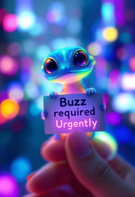 A tiny alien gecko with translucent, holding sign board, that reads text"Buzz required Urgently" bold text, neon texture decorated by glowing mushrooms, alien crystalline skin that refracts light into dazzling rainbow colors. It has six delicate limbs, two of which are curled in a cute resting position. Its tail has a jelly-like glow, shifting in hues of cyan and fuchsia. It clings lightly to the personas fingertip, looking up with bright, intelligent eyes. The background is a blurred futuristic cityscape, filled with neon holograms and colorful bokeh lights.