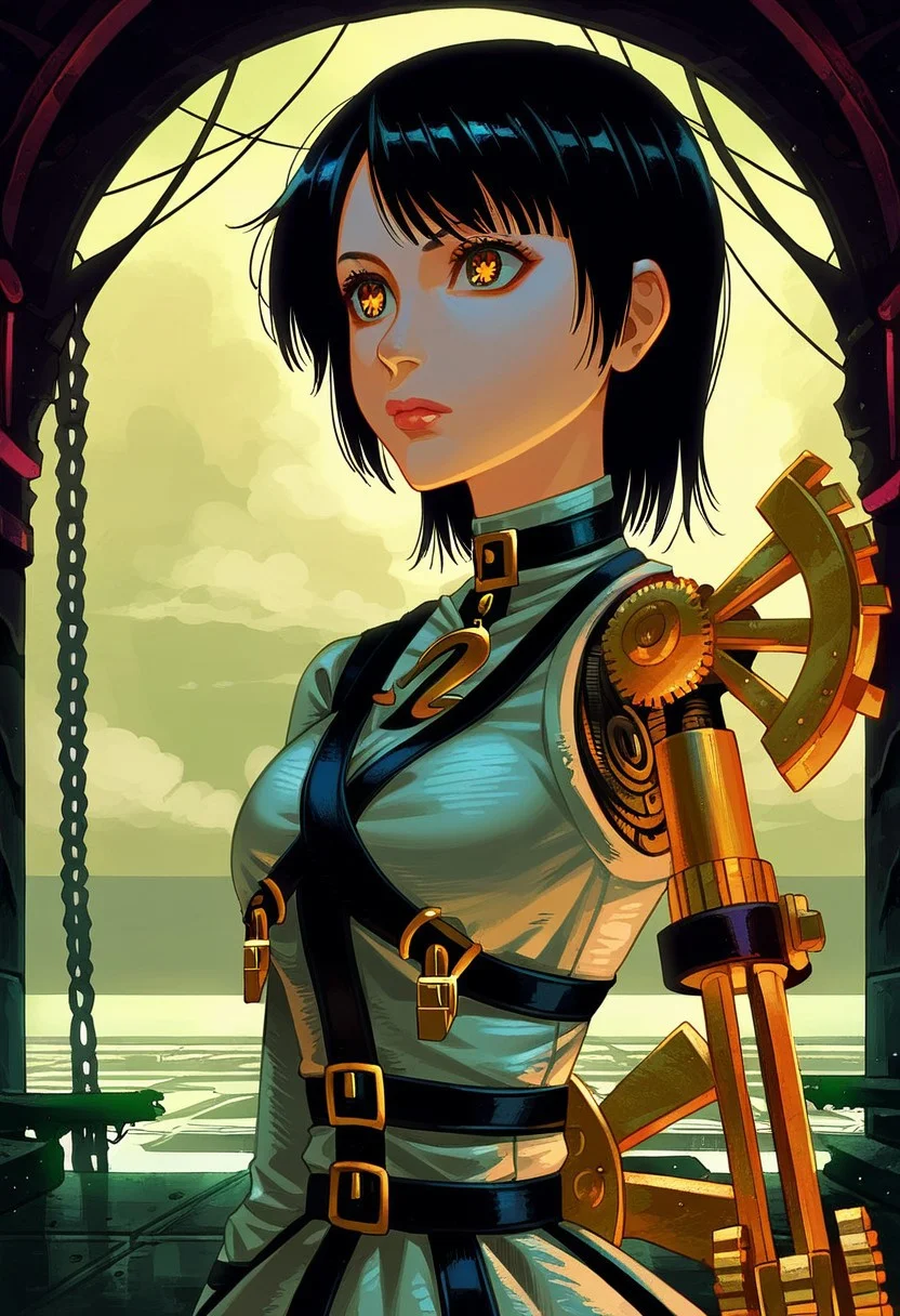 SCORE_9, SOURCE_ANIME, PORTRAIT, ALICE LIDDELL, SHORT HAIR, BLACK HAIR, GOLD EYES, GEAR-SHAPED EYES, DRESS, GLOVES, MECHANICAL ARM,