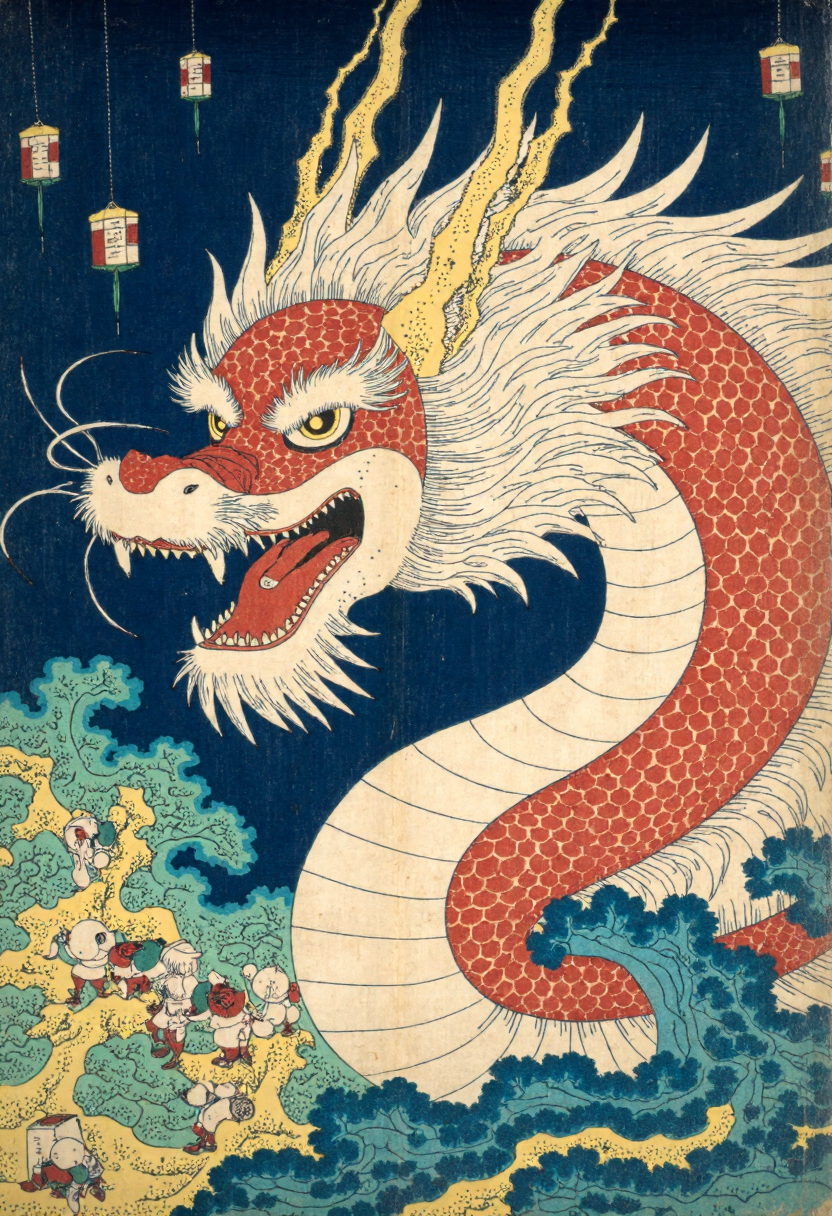 Ukiyo-e style by Katsushika Hokusai of a fierce, mythical dragon head, the dragon's face is prominently displayed, with its eyes glowing with a vivid orange hue, and its mouth is open wide, revealing sharp, pointed teeth, its fur is intricately detailed, with a mix of white and red scales that resemble scales of a dragon, and it has a long, bushy mane that cascades down its back, the mane is adorned with golden, ornate crowns, adding a regal and majestic touch, the background is a dark, gradient blue, with small, colorful lanterns floating in the air, creating a dreamy, ethereal atmosphere, the overall color palette is dominated by shades of red, blue, and gold, enhancing the vividness and power of the dragon, the illustration is highly polished, with meticulous attention to texture and lighting, giving it a lifelike quality, the image exudes a sense of power and strength, making it a captivating and immersive piece of art<lora:CustomFlux/Katsushika_Hokusai.safetensors:1.0:1.0>