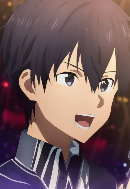 high resolution, solo, best quality, 1Boy, Kazuto Kirigaya, Black Hair, Black Eyes, singing, portrait, dept of field, virtual concert, playing musical instrument, OverallDetail