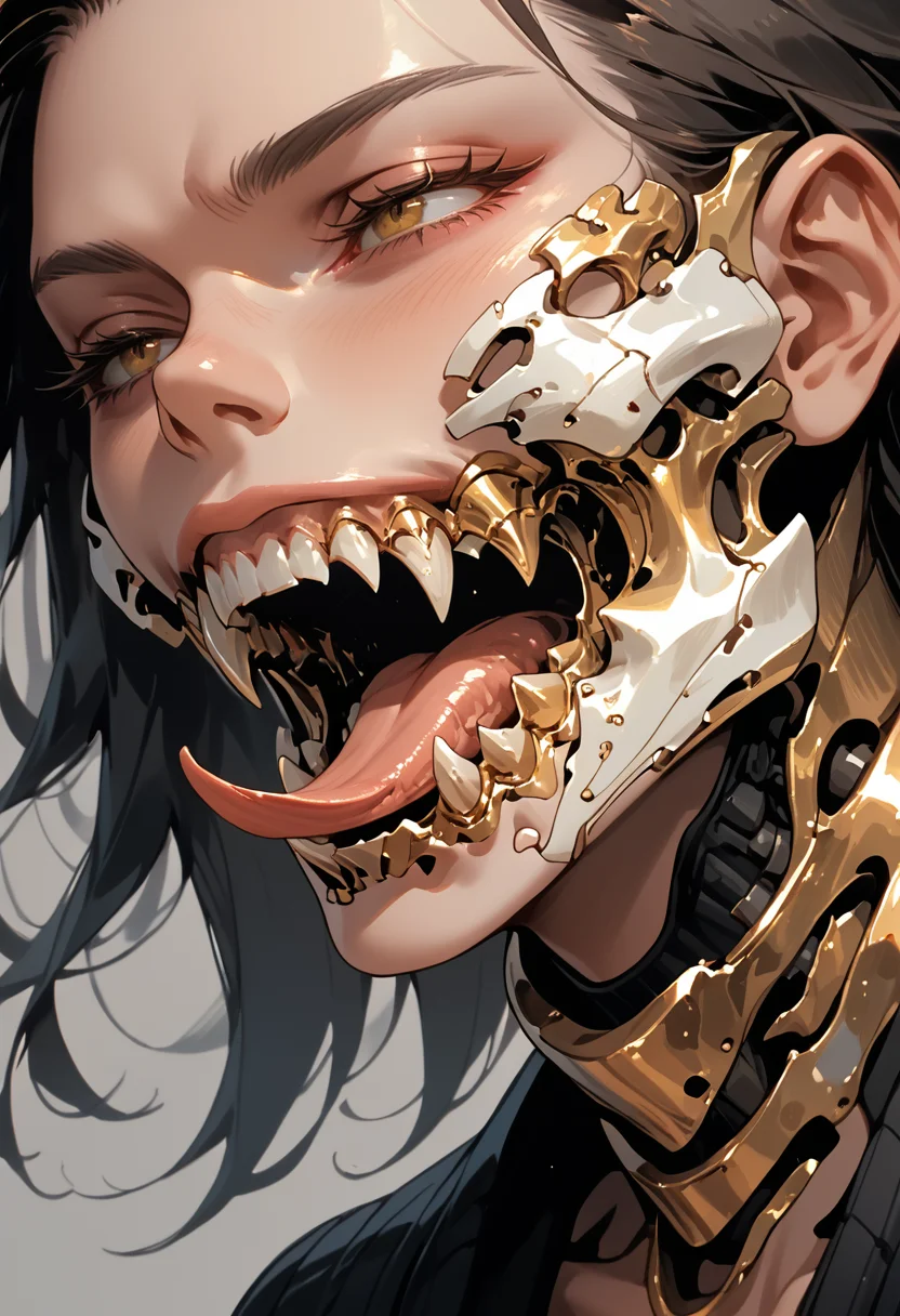 score_9, score_8_up, score_7_up, highly detailed, 1girl, solo, medium breasts, simple background, mechanical jaw, fangs, forked tongue, mechanical teeth,
<lora:ArmorPunkV4:1> arm0rpunkv4,