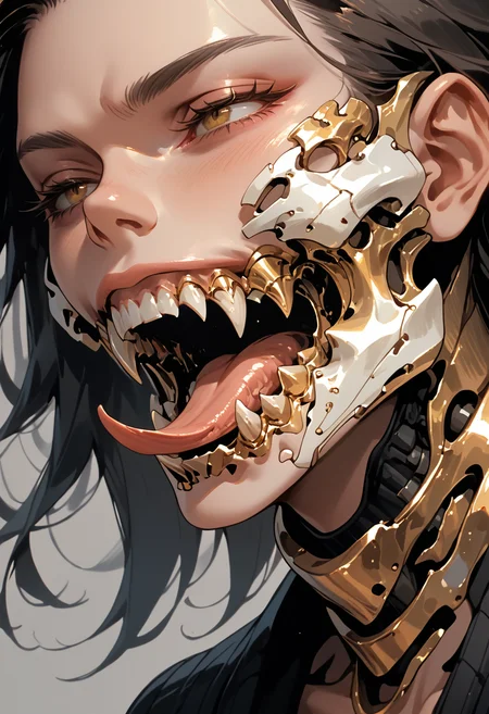 score_9, score_8_up, score_7_up, highly detailed, 1girl, solo, medium breasts, simple background, mechanical jaw, fangs, forked tongue, mechanical teeth,
<lora:ArmorPunkV4:1> arm0rpunkv4,