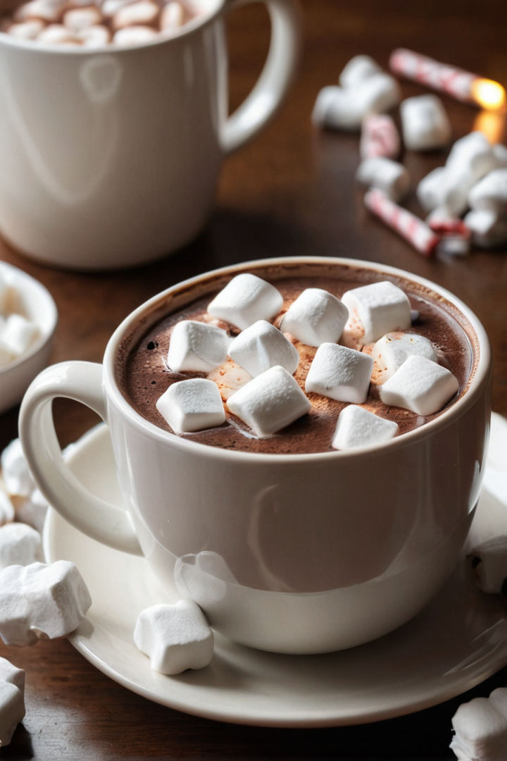 A steaming mug of hot chocolate topped with marshmallows, perfect for a cozy winter day.