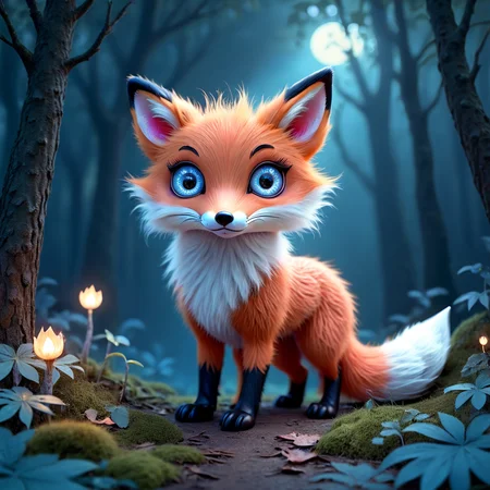 cute furred fox in a dark forest, fantastical, whimsical, cute, big eyes <lora:Psych-Futurism:1>,pfstyle