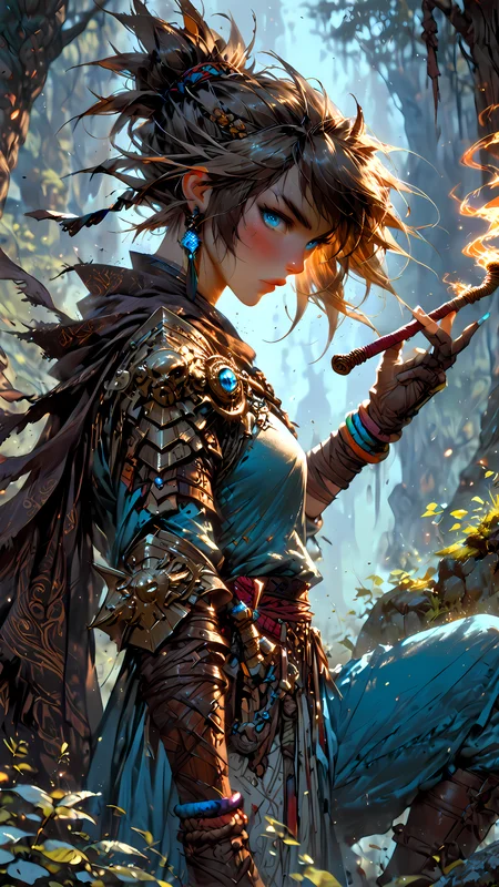 score_9, score_8_up, score_7_up, An illustration of a fierce character, photo-enhanced, fatasy, girl, dnd, d&d, fighter, ranger,
brown hair, mid length hair, forest, dew, tied hair, human, piercing blue eyes, ear piercings, bangles, hunting, looking at viewer, view from side, suppressed face, leather mountain gear, slim, skinny, petite, wind blown hair, on one knee, tobacco pipe,
<lora:HKStyle_V3:1> <lora:extremely_detailed:1> <lora:Fant5yP0ny:1> <lora:disgusted_face_xl_goofy:1> <lora:Flash_Glowing_Runes_SDXL:1>