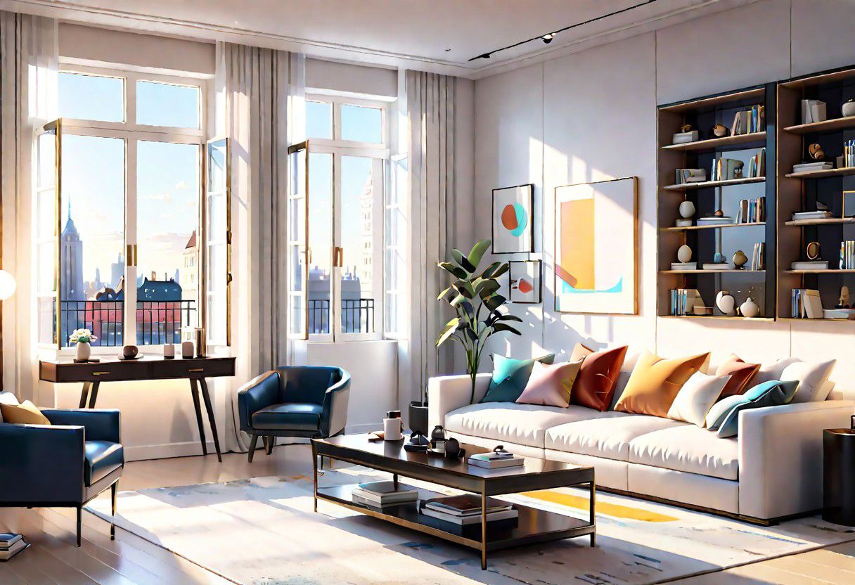 ((front view)), Shallow scene, ((animation style)), modern-style interior, with white walls, (large windows), a  study, Sofa, coffee table, bookcase, single wall, 
warm light morning sun, (the view of the city)