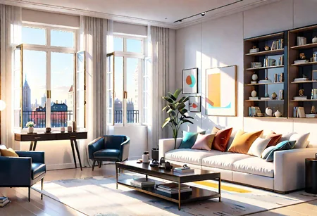 ((front view)), Shallow scene, ((animation style)), modern-style interior, with white walls, (large windows), a  study, Sofa, coffee table, bookcase, single wall, 
warm light morning sun, (the view of the city)