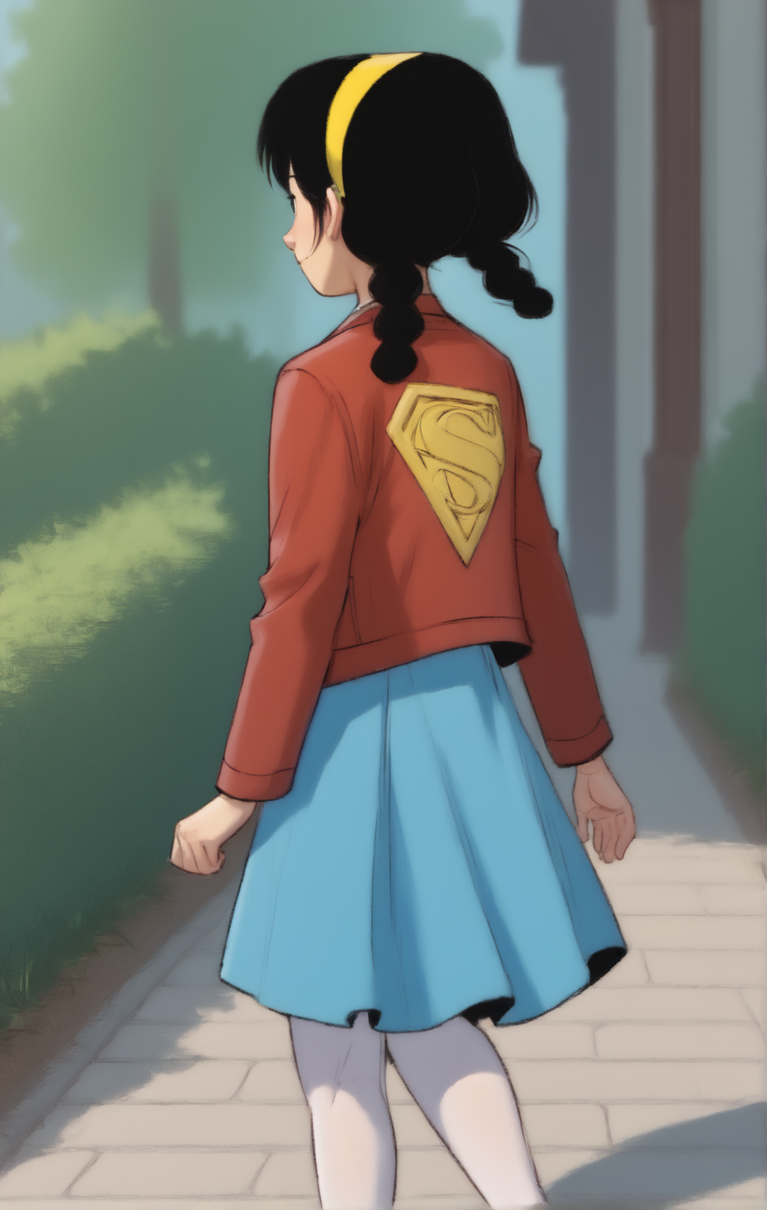 score_9, score_8_up, score_7_up, high quality, masterpiece,
1girl, solo, Roberta Lee, Twin braids, Black Hair, yellow headband, red jacket, blue dress, black eyes, bow, walking, white pantyhose, sidewalk, (((good hands))), good fingers, cute, petite body, short, (shortstack), slender body, ((good legs)), (((clean linework))), (short legs), skinny, ((from behind))
     <lora:Pony_QualityV4.0:3>,<lora:DetailedPerfect_hands_r1:0.5>,<lora:Guruhiru_Style:0.6>,<lora:Roberta_Lee-000014:1>