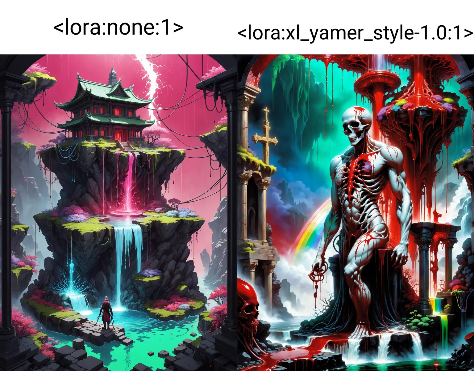 (mystical universe:1.2), (isometric 3d art of floating rock citadel), cobblestone, flowers, verdant, stone, moss, fish pool, (waterfall:1.2), cottage, ((1mechanical man)), solo, full body,(machine made joints:1.2), ((machanical limbs)), (rainbow blood vessels connected to tubes), (green mechanical vertebra attaching to back), ((mechanical cervial attaching to neck)), (wires and cables attaching to neck:1.2), (wires and cables on head:1.2), (blood:1.5), ((colourful blood splashes on background)), dynamic angle, beautiful detailed glow, (Captivating), (Intricate Detailed Cinematic Background), scary, blood splatter, swirling black light around the character, black light particles, (broken glass), magic circle, grotesque scene, (holy war action scene, intricate battlefield), (Bloodbath:1.1), pink rain, (raining blood), yamer style, <lora:none:1>