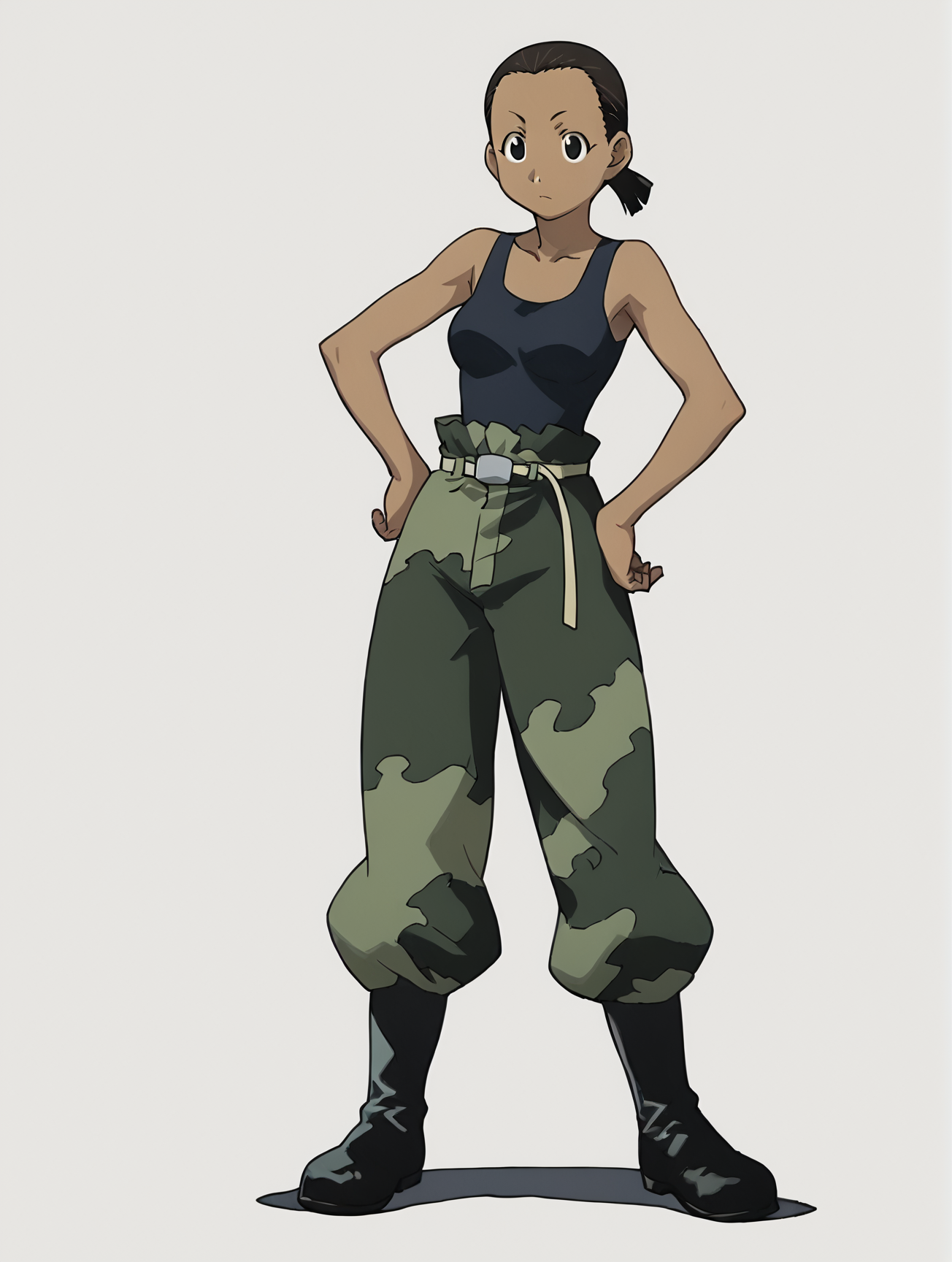 score_9, score_8_up, score_7_up, 1girl, solo, source_anime, aninyaFMA, dark-skinned female, boots, camouflage, tank top, black hair, black eyes, ponytail, <lora:PaninyaFMA:1>  white background, simple background, full body, standing, hand on hips,
