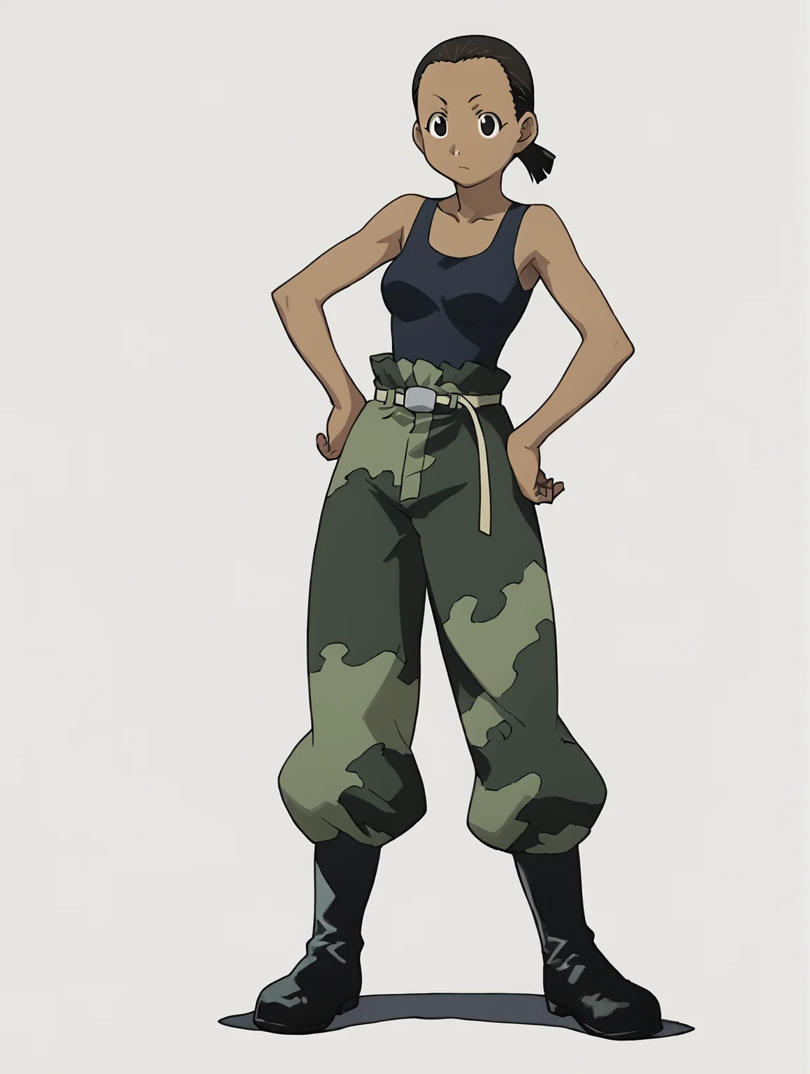 score_9, score_8_up, score_7_up, 1girl, solo, source_anime, aninyaFMA, dark-skinned female, boots, camouflage, tank top, black hair, black eyes, ponytail, <lora:PaninyaFMA:1>  white background, simple background, full body, standing, hand on hips,