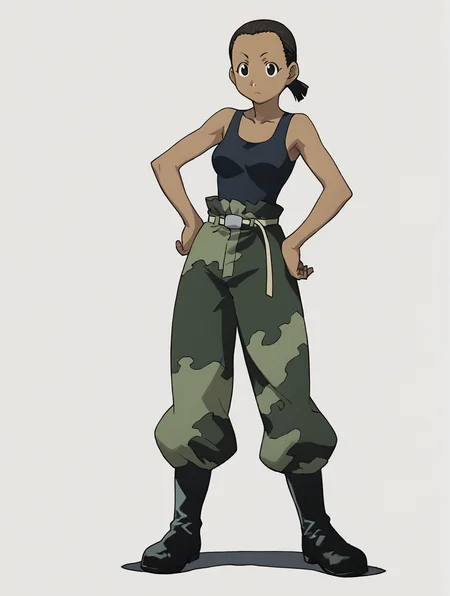 score_9, score_8_up, score_7_up, 1girl, solo, source_anime, aninyaFMA, dark-skinned female, boots, camouflage, tank top, black hair, black eyes, ponytail, <lora:PaninyaFMA:1> white background, simple background, full body, standing, hand on hips,