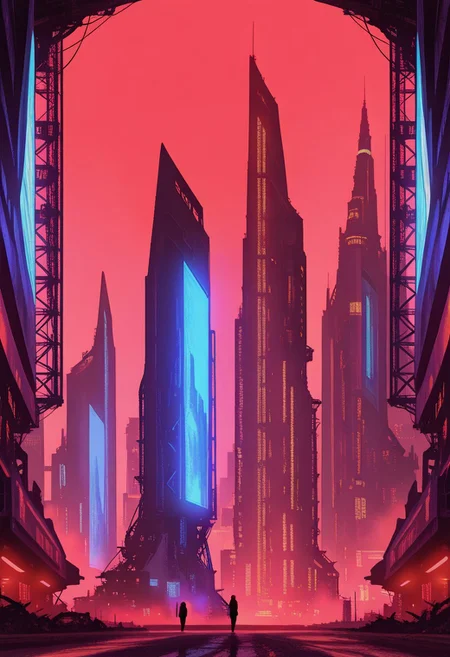 masterpiece, best quality, good quality, very aesthetic, absurdres, newest, 8K, depth of field, focused subject, sci-fi cityscape of colossal buildings and towers in an arid dusty landscape, towering, enigmatic structures rising from a barren, arid landscape. Each tower is adorned with intricate, glowing lines of orange and blue lights, hinting at the advanced technology within. In the distance, other towering monoliths are visible, creating a sense of endlessness. The lighting, casting long, dramatic shadows. The camera is set at ground level, looking up at the overwhelming scale of the station, emphasizing its imposing and mysterious nature, silhouetted against a red sky, red and white abstract colour palette, in the style of ckjs