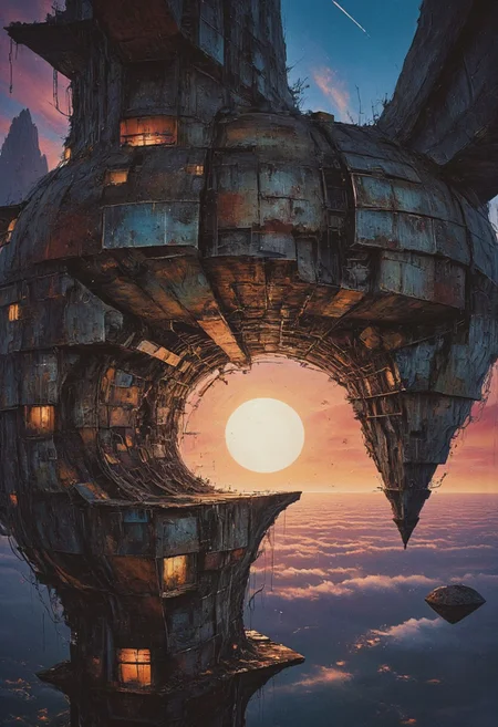 retro scan of a faded vintage 80s sci-fi ethereal scene. Towering above the Earth, massive floating structures rise high into orbit, their forms ghostly and blurred as if viewed through the worn lens of an old scanner. These round, sci-fi residential blocks sprawl like chaotic webs, riddled with exposed cables, dimly glowing panels, and densely packed windows that flicker faintly with pastel neon hues. The buildings are a mix of sleek, retro-futuristic technology and weathered neglect, some surfaces gleaming with polished metals while others show patchwork repairs of rusted, mismatched materials. Pipes and conduits twist across their facades, while clusters of satellite dishes and broken antennas protrude at odd angles.
printed on faded 80s sci-fi book artwork, its colors washed out and grainy. The dark expanse of space looms ominously in the background, punctuated by faint traces of spectral neon gradients blending into lo-fi pastel blues, pinks, and oranges. Between the floating blocks, strands of illuminated cables stretch like glowing spiderwebs, their light dim and uneven, evoking a nostalgic sense of a once-thriving, now-forgotten future.
its ethereal light barely illuminating the sprawling structures. The fusion of decayed, futuristic architecture and the melancholy beauty of dark space creates an atmosphere of haunting serenity, like a forgotten dream of humanity's grand ambitions, now faded into the haze of time.