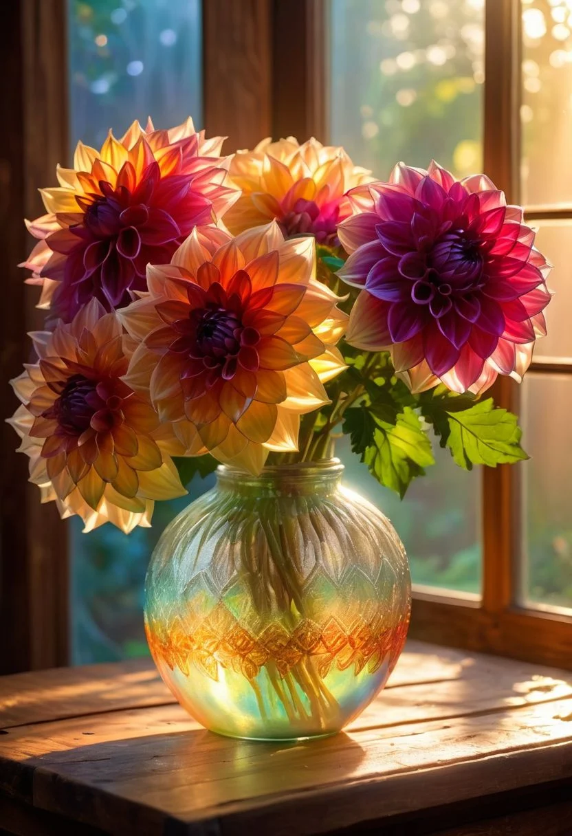 photo of iridescent shiny translucent colorful large dahlias in a translucent glass vase, on a rustic wooden table, intimate lighting, small rays of light shining through the cottage kitchen window, misty, intricate and detailed, golden hour, 8K, ultra-detailed, sharp focus