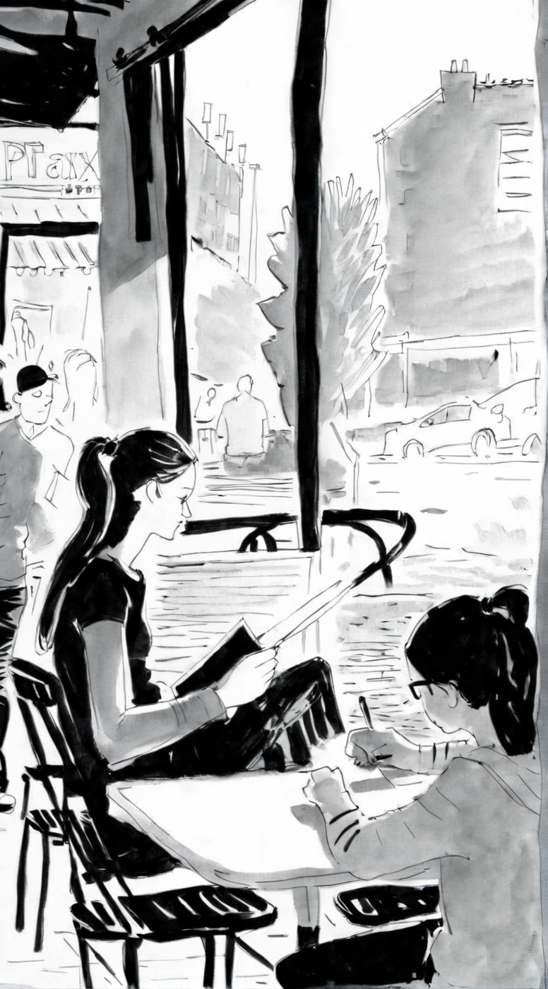 drawix2 girl in a cafe in the background people<lora:drawix2:1>