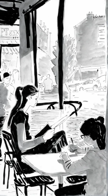 drawix2 girl in a cafe in the background people<lora:drawix2:1>