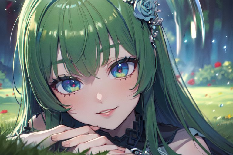 (masterpiece:1.4), 4K8K, (anime style), (high shutterspeed:1.4), (sharp edges), 
SyFyEye1, FanFo, 
1woman  hands togather,  leaning foward, face focus, smile, closed mouth, 
wearing Celtic style dress, (Detailed face, Detailed eyes, Detailed lips), (solo), 
any colored roses, Fantastic, grass firld,
