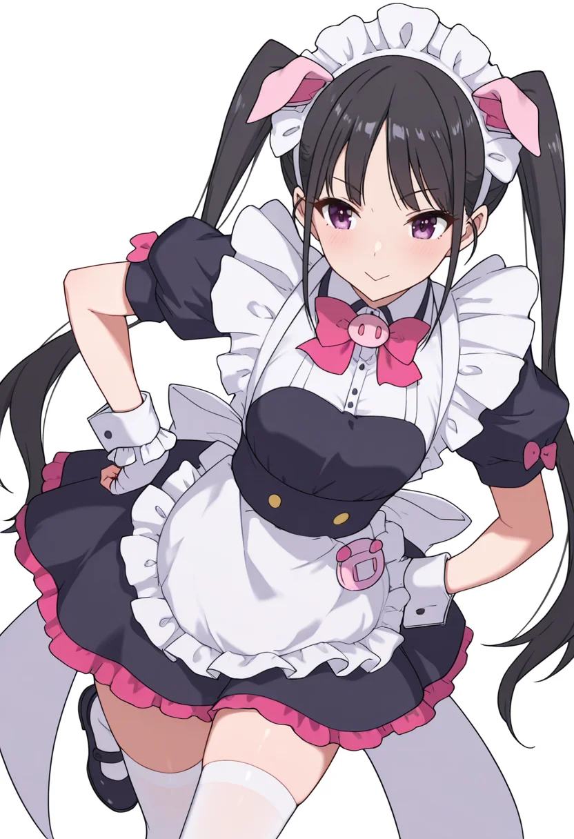 Smooth Quality,masterpiece,very intricate, high quality details, ultra realistic, high detailed skin,detailed enviorement,absurdres,
<lora:Hiiragi_Yume_Yumechi_CNR:1> hiiragi_cnr, black hair, long hair, twintails, purple eyes,fake animal ears, pig ears, hiiragi_maid_cnr,maid, maid headdress, maid apron, frilled apron, black dress, puffy short sleeves,white thighhighs, black footwear,fingerless gloves,white wrist cuffs,pink bowtie, frills,, simple background, white background, front view,solo,
one hand on hip, opposite leg lifted backward, torso counterbalanced ,, :>=,