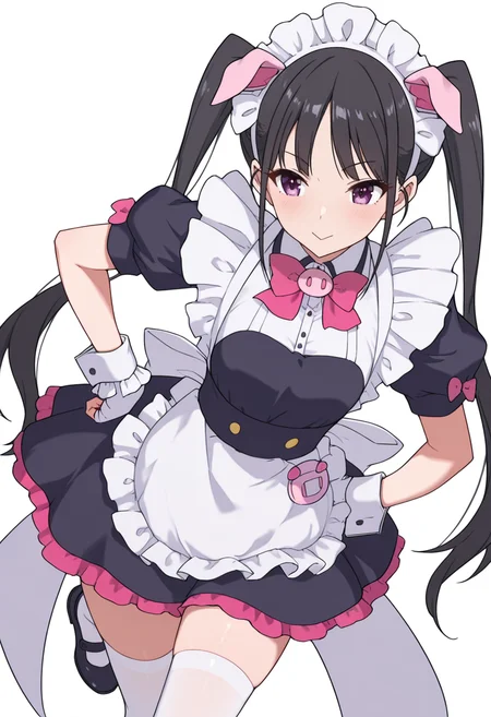 Smooth Quality,masterpiece,very intricate, high quality details, ultra realistic, high detailed skin,detailed enviorement,absurdres,
 <lora:Hiiragi_Yume_Yumechi_CNR:1> hiiragi_cnr, black hair, long hair, twintails, purple eyes,fake animal ears, pig ears, hiiragi_maid_cnr,maid, maid headdress, maid apron, frilled apron, black dress, puffy short sleeves,white thighhighs, black footwear,fingerless gloves,white wrist cuffs,pink bowtie, frills,, simple background, white background, front view,solo,
one hand on hip, opposite leg lifted backward, torso counterbalanced  ,, :>=,