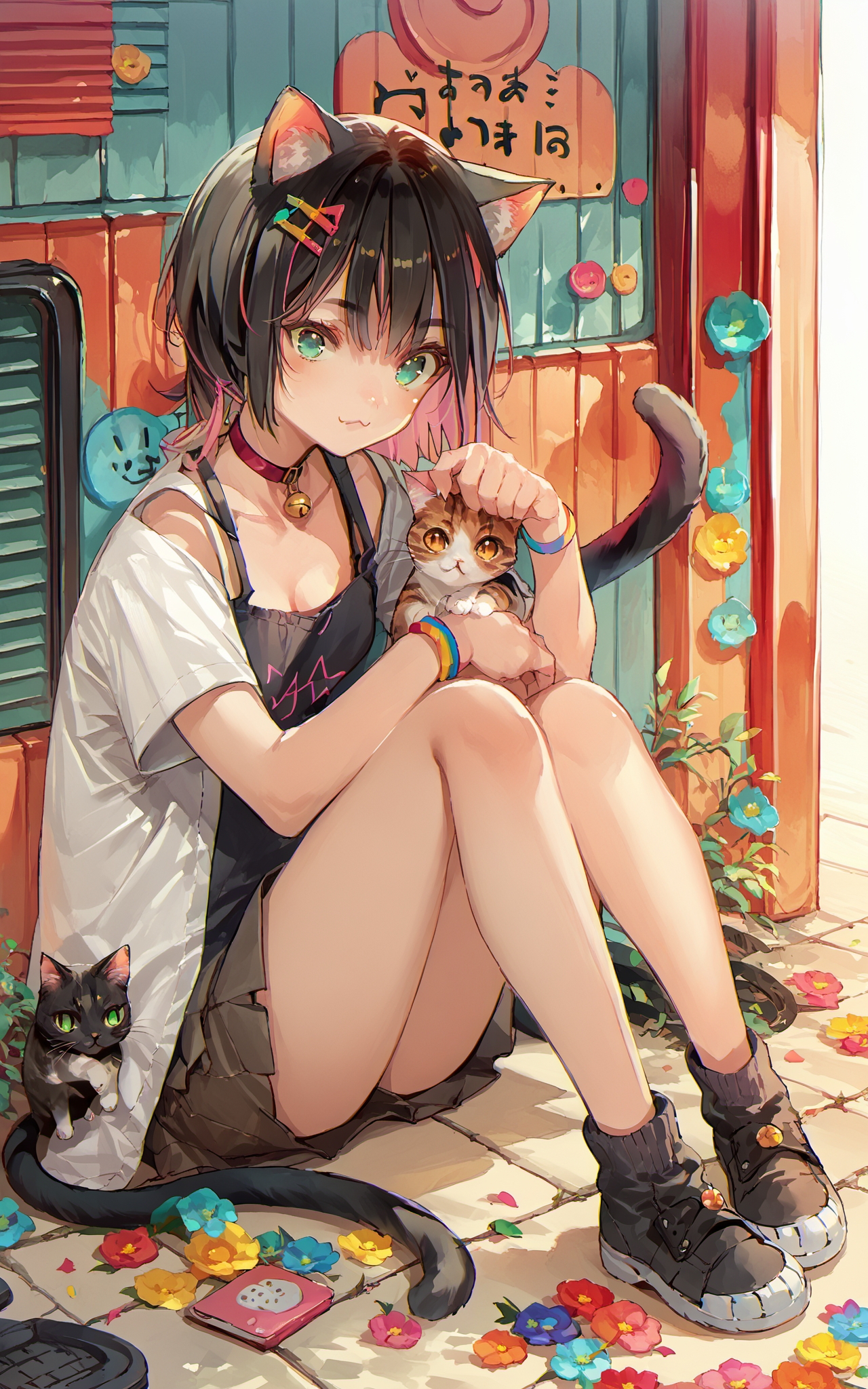 score_9,score_8_up,score_7_up,score_6_up,score_5_up,score_4_up,source_anime,1girl,sitting,<lora:Dsmile_style_pony:1>,Dsmile_style,colorful,cat girl,