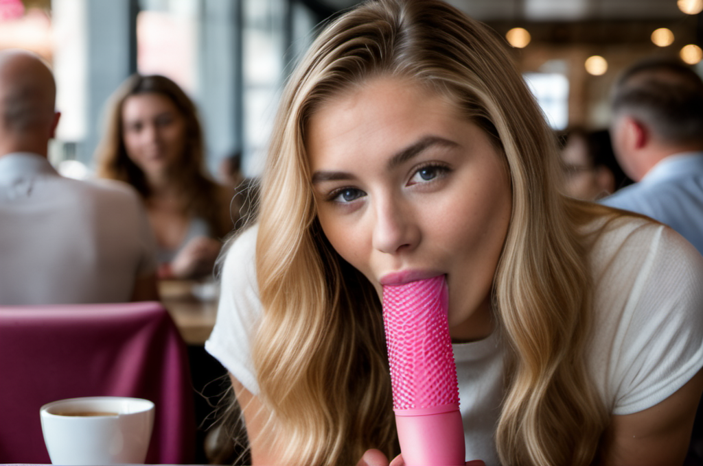 photo of a 18 years old hot european woman sitting right in front and swallow a pink dildo, blowjob, background a public cafe with audience, natural light, 4k, highly detailed
