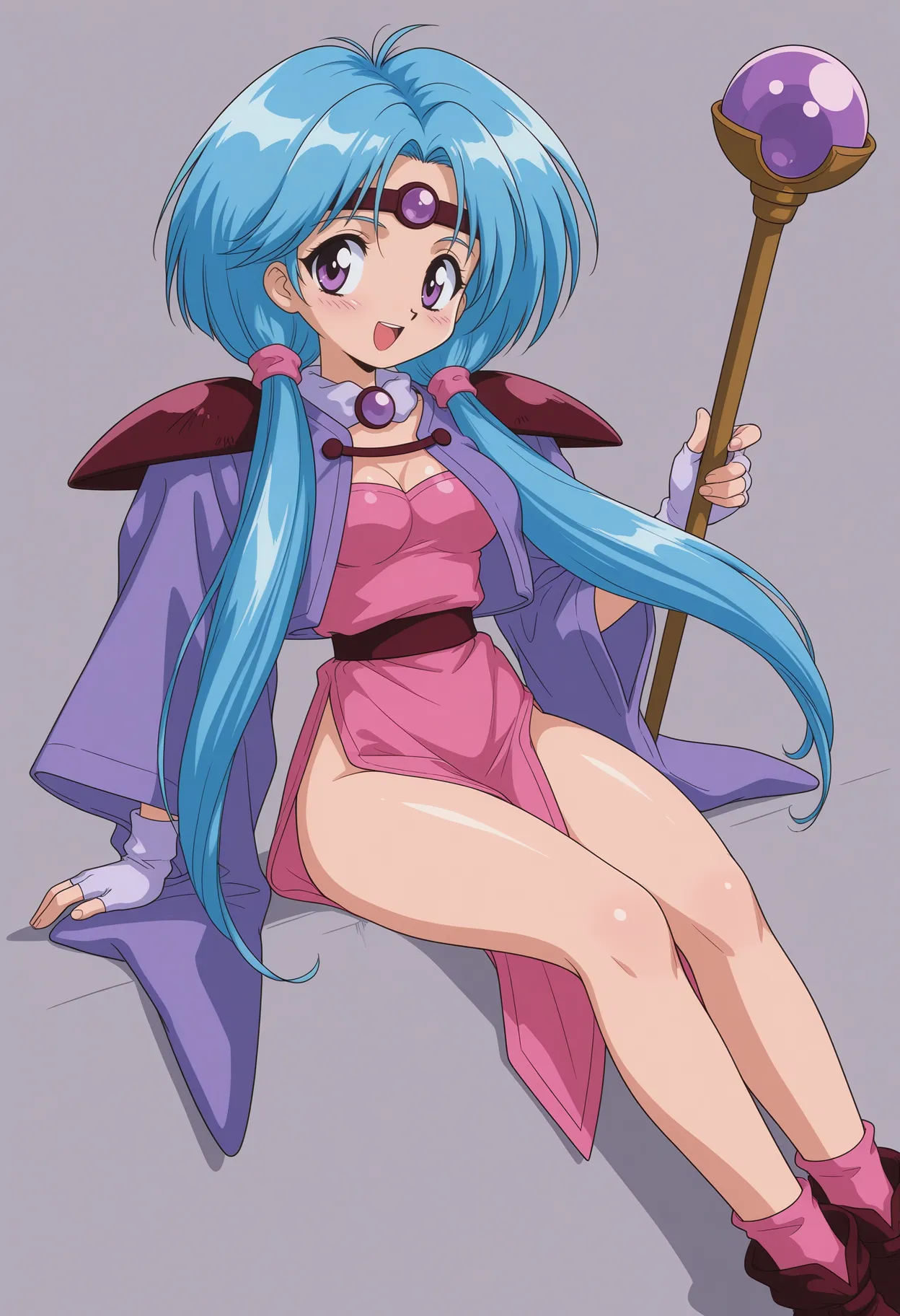 PaffyRNG, shiny skin, shade, 1girl, solo, 1990s \(style\), grey background, simple background, looking at viewer, 
holding staff with purple gem, sitting, pose, dutch angle, medium breasts, bare legs, 
long hair, aqua hair, low twintails, bangs, circlet with purple gem, purple eyes, blush, smile, :d,
white scarf with purple gem, white gloves, fingerless gloves,
shoulder armor, pink dress, brown belt, purple cape, furisode, wide sleeves, side slit, pelvic curtain, pink socks, brown ankle boots,
best quality,amazing quality,very aesthetic,absurdres
<lora:PaffyRNG:1>
