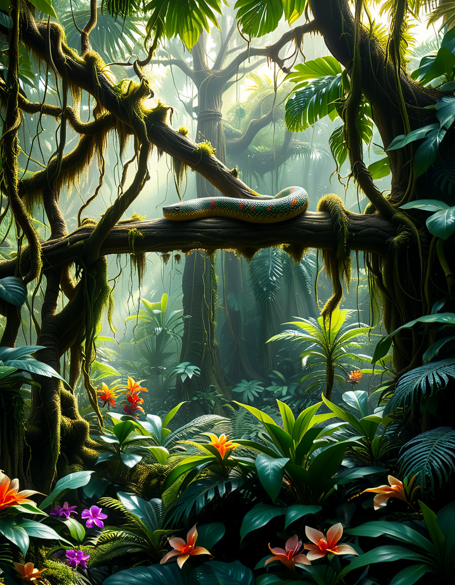 A dense and vibrant jungle,jungl3, captured in a realistic photographic style, with lush green foliage of various tropical plants, tall trees covered in moss and vines, and sunlight filtering softly through the canopy above. The atmosphere feels humid and alive, with small details such as ferns, orchids, and a scattering of tropical flowers in shades of red, yellow, and purple. A narrow, winding dirt path cuts through the undergrowth, partially hidden by fallen leaves and roots. The scene feels immersive and serene, with subtle mist lingering in the distance, enhancing the sense of depth and mystery. The overall lighting is natural, with dappled sunlight creating dynamic shadows on the ground and the surrounding plants.
<lora:jungl3:1><lora:SDXLFaeTastic2400:0.4> <lora:extremely_detailed:0.4> extremely detailed, Masterpiece,best quality,hi res,8k,hi res,8k,award winning,(sharp focus, intricate, highly detailed),