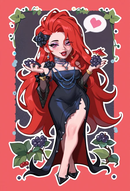 score_9,score_8_up,score_7_up, <lora:cabptn-ponyxl-beta4-09:1>, CabPTN, 1girl, solo, red hair, very long hair, pink eyes, mature female, nose, cocktail dress, bridal gauntlets, bare shoulders, black bow, black shawl, side slit, breasts, cleavage, hair flower, black flower, blue gem, bead necklace, spikes, lipstick, black shoes, high heels, earrings, bracelet, mole under mouth, mole on breast, lipstick, red nails, full body, (chibi:1.1), outline, simple background, feast, food, vine, grape, hands up, open mouth, happy, looking at viewer, spoken heart, dotted background, legs, crossed legs, standing,