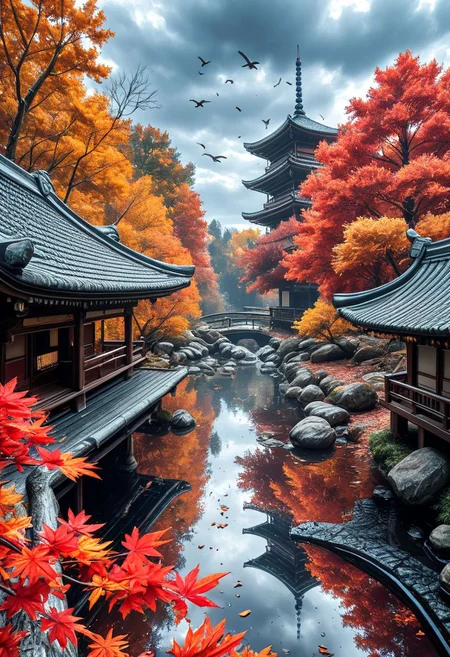 SmoothNoob_Quality, no humans, east asian architecture, autumn, autumn leaves, bare tree, bird, branch, cloud, cloudy sky, falling leaves, forest, nature, outdoors, scenery, sky, <lora:Smooth_Booster:0.5>āāā