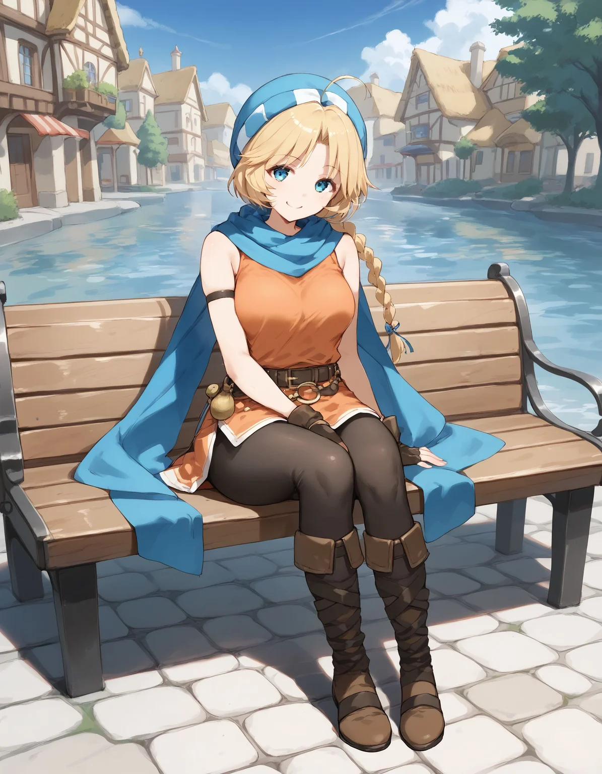 score_9, score_8_up, score_7_up, score_6_up, BREAK source_anime, best quality, masterpiece,
1girl,<lora:patty fehPonyXL:0.8>,patty feh,hat,scarf,fingerless gloves,orange dress,belt,belt pouch,pantyhose,thigh strap,boots,full body,sitting,on bench,smile,looking at viewer,village,hands on bench