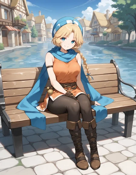 score_9, score_8_up, score_7_up, score_6_up, BREAK source_anime, best quality, masterpiece,
1girl,<lora:patty fehPonyXL:0.8>,patty feh,hat,scarf,fingerless gloves,orange dress,belt,belt pouch,pantyhose,thigh strap,boots,full body,sitting,on bench,smile,looking at viewer,village,hands on bench