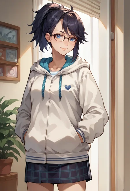score_9, score_8_up, score_7_up, source_anime, Kson, black hair, blue eyes, ponytail, glasses, indoors, plaid skirt, hoodie, smile, hands in pockets, <lora:ChamKsonPonyXL:1>